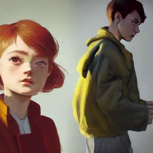 Image similar to a highly detailed epic cinematic concept art CG render digital painting artwork costume design: pixie cut Sadie Sink in a 1950s man's coat and hoodie. muted colors with some yellow accents. By Greg Rutkowski, Ilya Kuvshinov, WLOP, Stanley Artgerm Lau, Ruan Jia and Fenghua Zhong, trending on ArtStation, made in Maya, Blender and Photoshop, octane render, excellent composition, cinematic atmosphere, dynamic dramatic cinematic lighting, aesthetic, very inspirational, arthouse