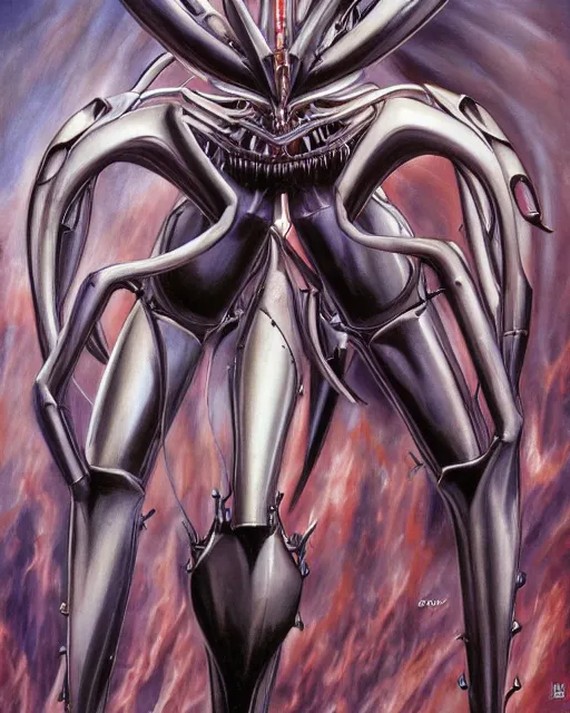 Image similar to eva 0 1 from evangelion by hr giger, by julie bell, 4 k, hyper detailed