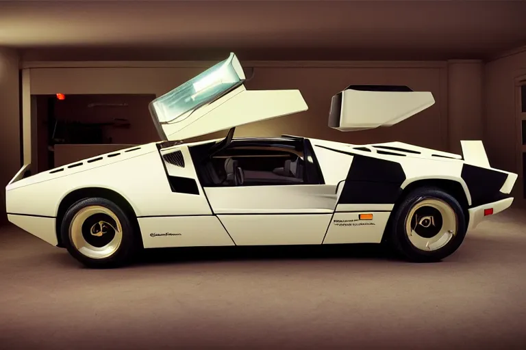 Image similar to designed by john delorean stylized poser of a single 1 9 8 6 lamborghini countach ( ( delorean ) ) ford gt 4 0, large led lights, ektachrome photograph, volumetric lighting, f 8 aperture, cinematic eastman 5 3 8 4 film