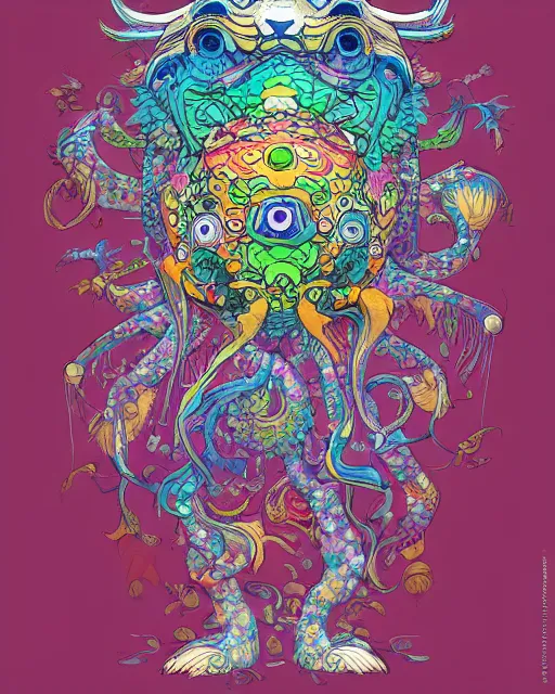 Image similar to bicameral humanoid mythical beast, fantastical, cute, and beautiful hybrid of different animals, a humorous psychedelic creature concept design by Moebius, Studio Ghibli, in the style of Takashi Murakami, symmetrical 4K