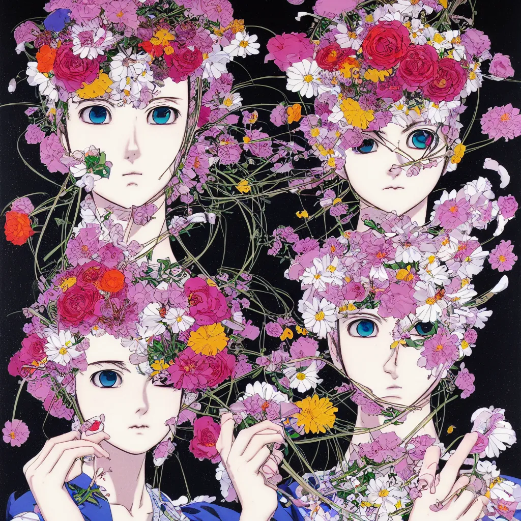 Prompt: prompt: Fragile portrait of one persona covered with random flowers illustrated by Katsuhiro Otomo, inspired by sailor moon and 1990 anime, smaller cable and cryborg parts as attributes, eyepatches, illustrative style, intricate oil painting detail, manga 1980