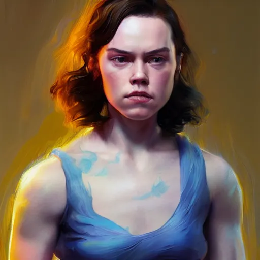 Image similar to daisy ridley ( actress ), full body portrait colorful oil painting by android jones, john jean, yuumei, yanjun cheng, unreal 5, daz, hyperrealistic, octane render, rpg portrait, dynamic lighting, fantasy art, beautiful face