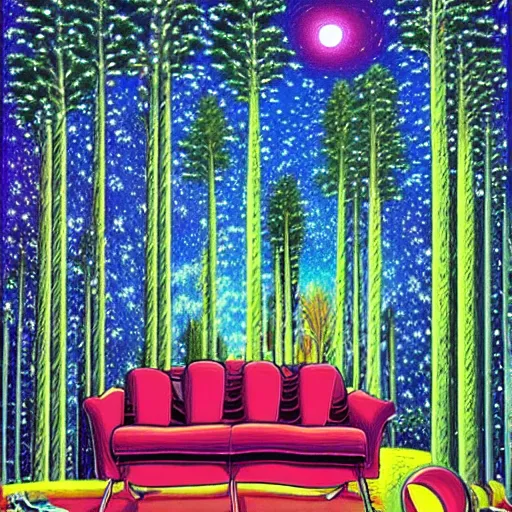 Prompt: psychedelic trippy aurora pine forest, planets, milky way, sofa, cartoon by rob gonsalves