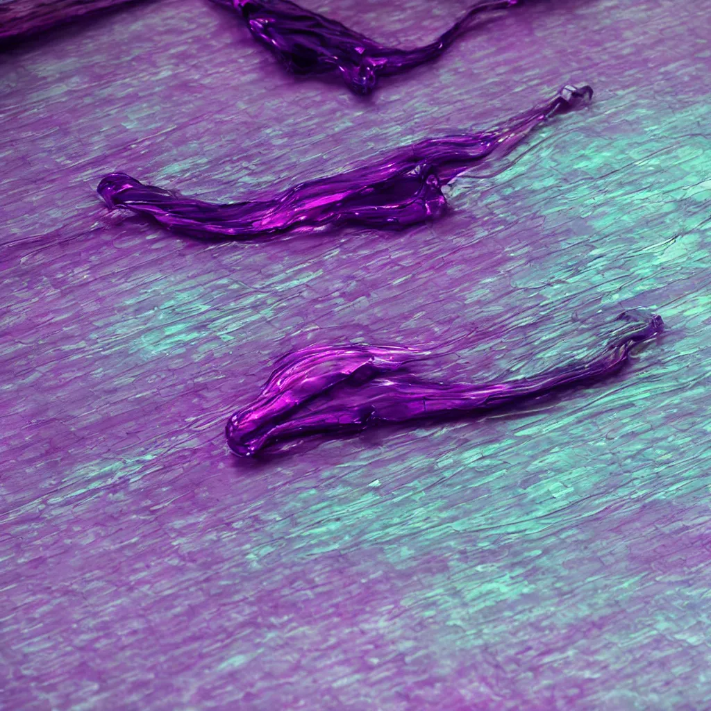 Image similar to close - up of iridiscent oil slick corpses connected by transparent tubes to wax technical forms relaxing on yoga mat, faded, iridiscent gradient, purple fog, depth of field, blur, very detailed, by nadav kander and hans bellmer, 8 k, ultrarealistic, sad atmosphere, cinematic, 8 5 mm lens