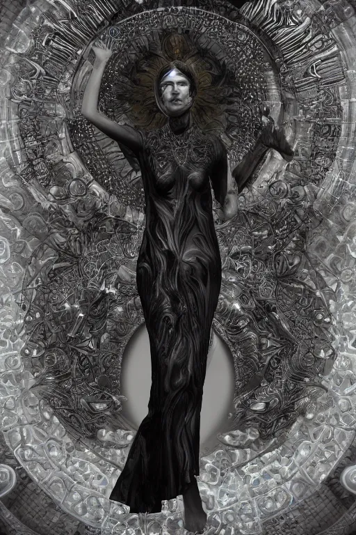 Prompt: a realistic dark photo of a beautiful ancient alien woman goddess nataraja kate moss standing in iris van herpen dress jewelery and fractals in style of alphonse mucha art nuvo dmt trending on artstation made in unreal engine 4