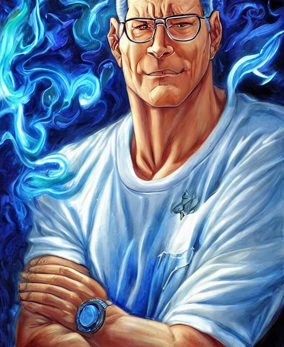 Image similar to hank hill wearing bluejeans and white tshirt, the god of propane, blue flames, magic realism, art by mike judge, art by josephine wall, art by huang guangjian, art by viktoria gavrilenko, art by amanda sage, trending on artstation