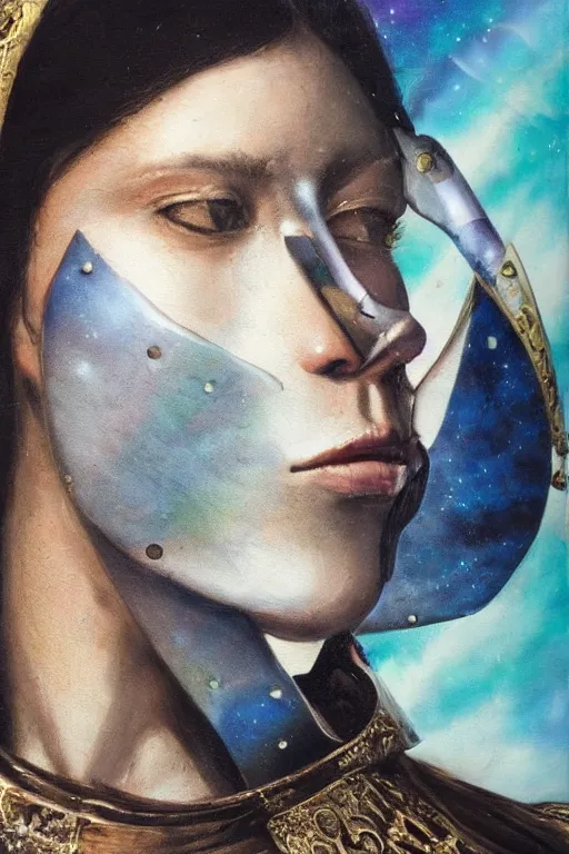 Image similar to hyperrealism oil painting, close - up portrait of medieval fashion model, knight, steel gradient mixed with nebula sky, in style of baroque mixed with 7 0 s japan book art