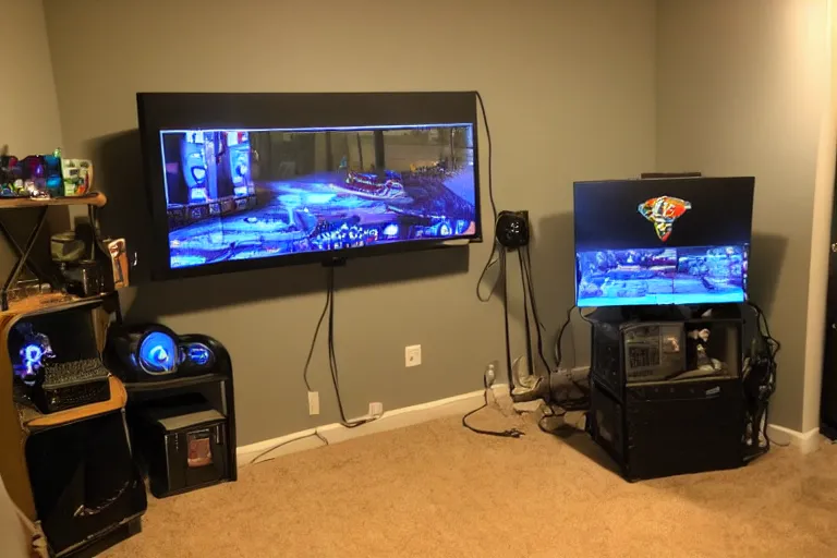 Prompt: gaming setup in the backrooms