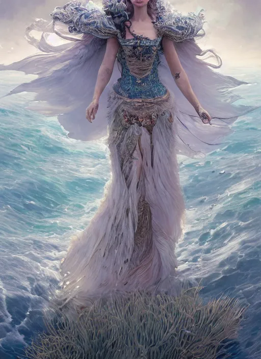 Prompt: real photoshoot queen of oceans, 🌫🌠 wearing a full feathered cloak and a fancy silk floral dress, ornate, ultra realistic, concept art, intricate details, eerie, highly detailed, photorealistic, octane render, 8 k, unreal engine. art by artgerm and greg rutkowski and charlie bowater and magali villeneuve and gustav klimt