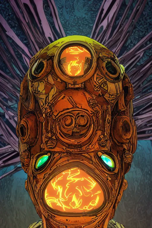 Image similar to tribal vodoo mask eye radiating a glowing aura global illumination ray tracing hdr fanart arstation by ian pesty and katarzyna da „ bek - chmiel that looks like it is from borderlands and by feng zhu and loish and laurie greasley, victo ngai, andreas rocha, john harris wooly hair cut feather stone