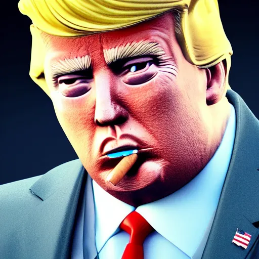 Image similar to a high quality photo of donald trump smoking a cigar, anatomically accurate eyes, 3d scene, render, ultra realistic, artstation, cgsociety