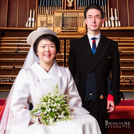 Image similar to A wide full shot, colored Russian and Japanese mix historical fantasy a photograph portrait taken at the royal wedding two choirs, an orchestra and chapel organ, photographic portrait, warm lighting, 1907 photo from the official wedding photographer for the royal wedding.