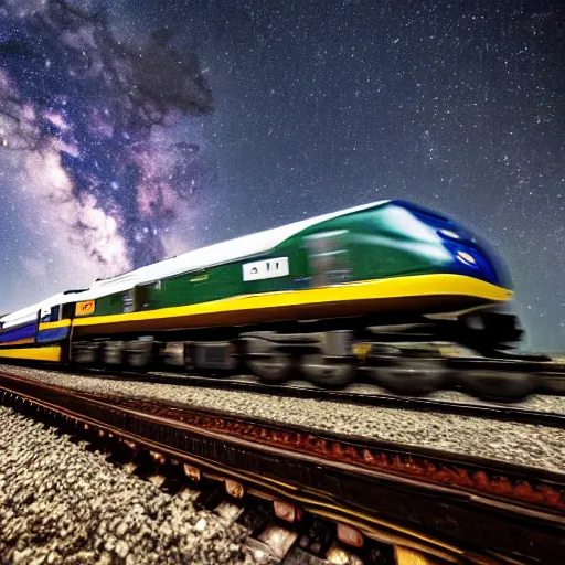 Prompt: A train going through space, 4K, professional photography