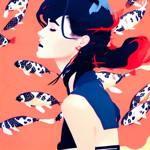 Image similar to a ultradetailed beautiful panting of a stylish woman surrounded by floating koi fish, by conrad roset, greg rutkowski and makoto shinkai, trending on artstation