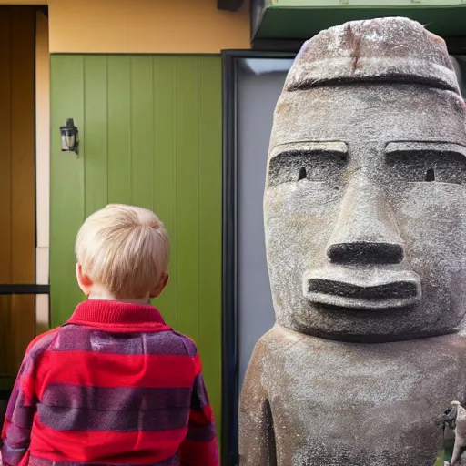 Image similar to a kid at christmas disappointed and sad that his present was a giant moai statue | inside of a house next to a christmas tree