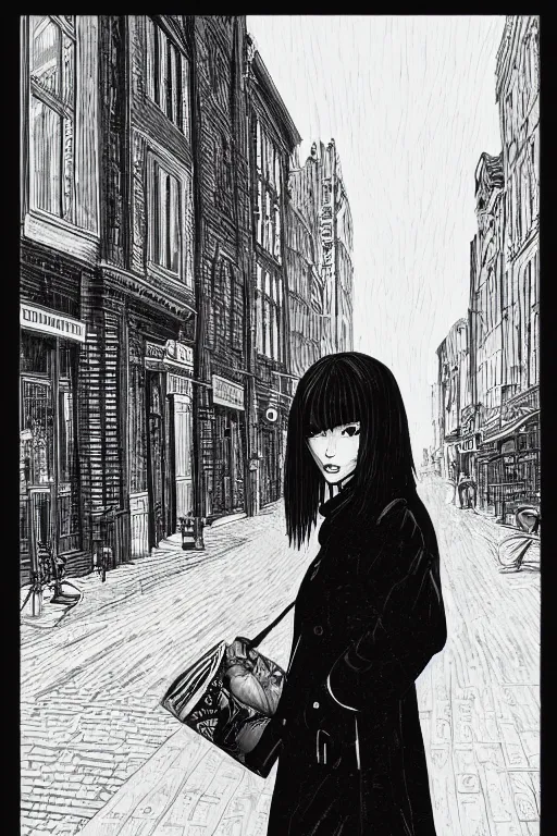 Image similar to highly detailed close-up of a beautiful girl with a very stylish trenchcoat on an empty street at night by Moebius , black medium length Dutch bob cut hair with straight bangs, poster