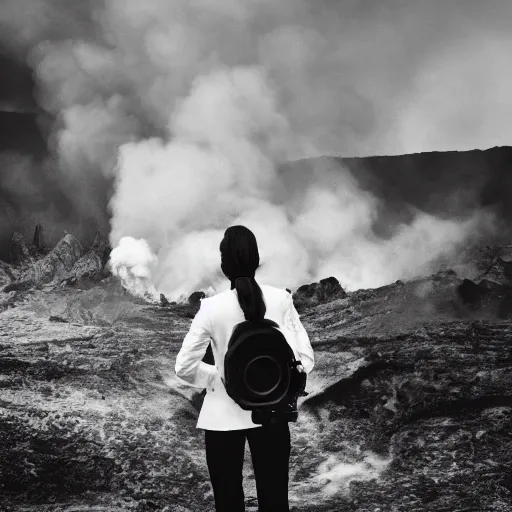 Prompt: woman with white suit with a dragon, she wear red eyed gasmask, in volcano, standing close to volcano, fire raining, professional photography, black and white, cinematic, eerie