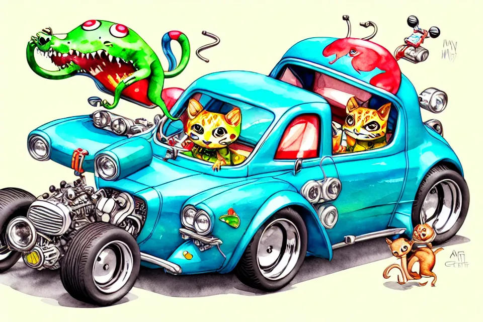 Image similar to cute and funny, margay riding in a tiny hot rod with oversized engine, ratfink style by ed roth, centered award winning watercolor pen illustration, isometric illustration by chihiro iwasaki, edited by range murata, tiny details by artgerm and watercolor girl, symmetrically isometrically centered
