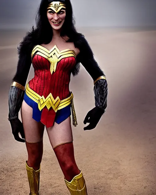 Prompt: photos of a Chimpanzee dressed as Wonder Woman. A chimpanzee wearing Wonder Woman’s outfit, Photography in the style of National Geographic, photorealistic