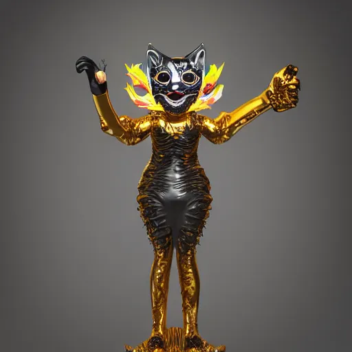 Image similar to portrait of an evil screaming cat marble statue, black and gold, venetian mask, by kim jung gi, irakli nadar, bright vivid colors, octane render, corona render