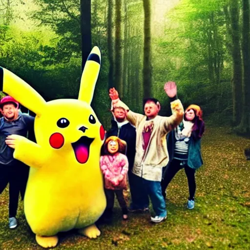 Image similar to photograph of a group of people worshipping a giant!!!, fluffy!!!, chubby!!!, pikachu in a forest, ultra realistic!!!, spring time, slight overcast weather, ( golden hour ), sharp focus