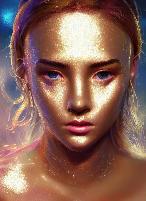 Image similar to glowwave girl portrait, gold detailed, mel from arcane, hyper detailed, 3 / 4 shot, digital art, trending in artstation, cinematic lighting, studio quality, smooth render, unreal engine 5 rendered, octane rendered, art style by klimt and nixeu and ian sprigger and wlop and krenz cushart, none crop, full face