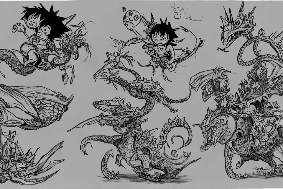 Image similar to concept sketches of a young luffy riding wearing a gold crown riding a large dragon by jamie hewlett, in the style of megaman