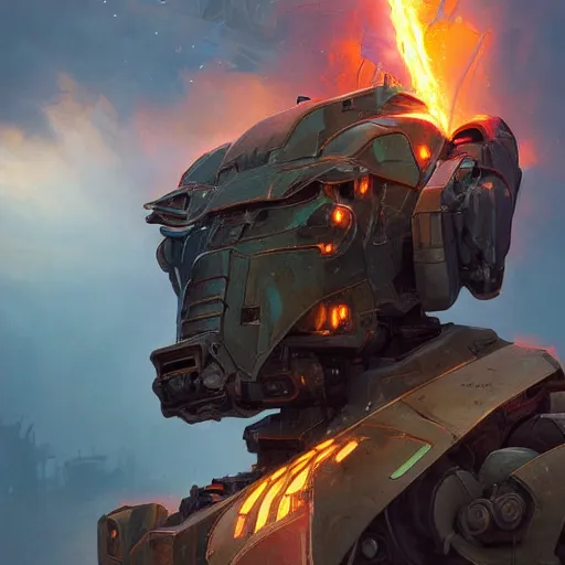 Prompt: portrait of timberwolf battlemech on fire, battle damage, sunset glow around head, intricate, elegant, highly detailed, digital painting, artstation, concept art, smooth, sharp focus, illustration, art by artgerm and greg rutkowski and alphonse mucha, background is a city in ruins