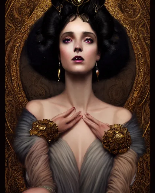 Image similar to Nocturne, glowing, stars, a portrait of a beautiful female shadow djinn creature with long fur collar, highly detailed, mysterious, ethereal, dressed in velvet and gold jewelry, haute couture, illustration, dramatic lighting, soft details, painting, by Edmund Blair Leighton, Brom, Charlie Bowater, trending on artstation, faces by Tom Bagshaw, otto schmidt