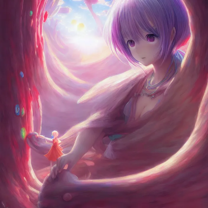 Image similar to Cute Anime Female Character, LSD Dream Emulator, paranoiascape ps1, official anime key media, Iwakura Lain, LSD Dream Emulator, paranoiascape ps1, official anime key media, painting by Vladimir Volegov, beksinski and dan mumford, giygas, technological rings, johfra bosschart