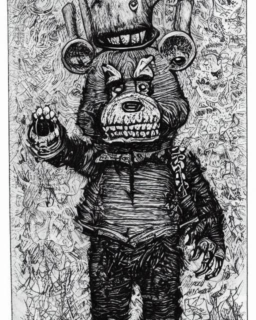 Image similar to an illustration of a freddy fazbear, full body, pen-and-ink illustration, etching, by Russ Nicholson, DAvid A Trampier, larry elmore, 1981, HQ scan, intricate details, Monster Manula, Fiend Folio