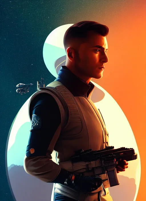 Image similar to side profile centered portrait, man with a gun, spaceship in the background, by artgerm, miles johnstone, frames,. poster, 8 k. elegant, intricate, octane render