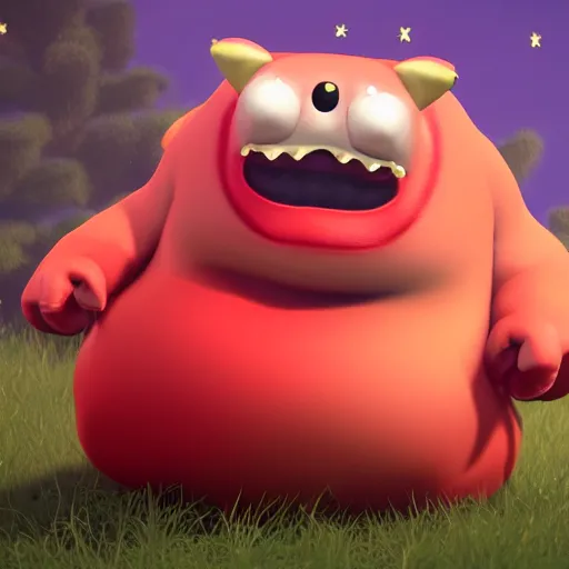 Prompt: chubby fat monster, red scales ,cute, sparkle eyes, photorealistic, wearing skirt, 4k, unrealengine,