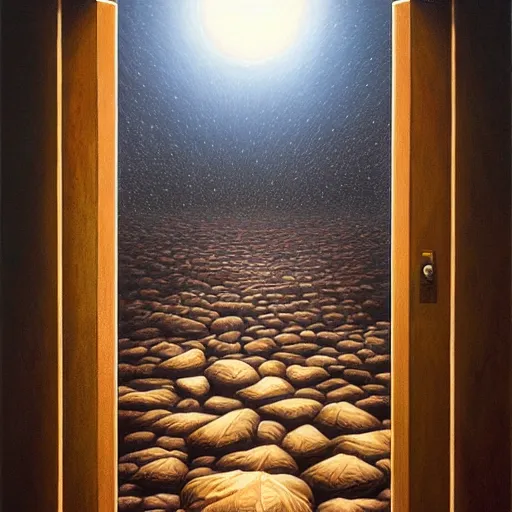 Image similar to a gust of night pushed its way in the door by jeffrey smith, oil on canvas