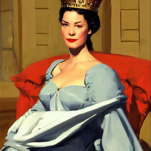 Prompt: greg manchess portrait 1 4 0 0 s queen relaxing at court, throne room background matte painting, trending on artstation, gil elvgren, greg rutkowski