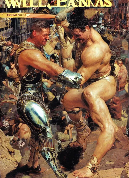 Image similar to huge warrior jocko willink vs godlike achilles at the walls of troy, dynamic action science fiction, by john berkey and lawrence alma tadema and rick berry and norman rockwell and jack kirby