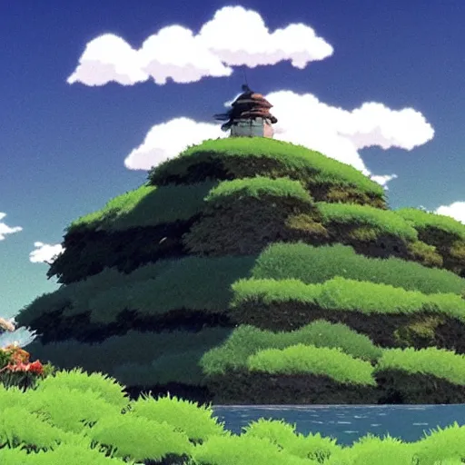 Prompt: a beautiful landscape with flowing grass and puffy white clouds in the background , still from Studio Ghibli’s Spirited Away