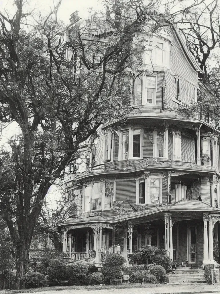 Image similar to 1970s photograph. beautiful exterior view of an old victorian house. a creepy man's face is in the window