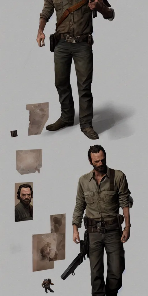 Image similar to rick grimes staring at the camera, paper craft low poly, the walking dead scene, full body shot, poster, fantasy, medieval, vivid colors, elegant, concept art, sharp focus, digital art, Hyper-realistic, 4K, Unreal Engine, Highly Detailed, HD, Dramatic Lighting by Brom, trending on Artstation