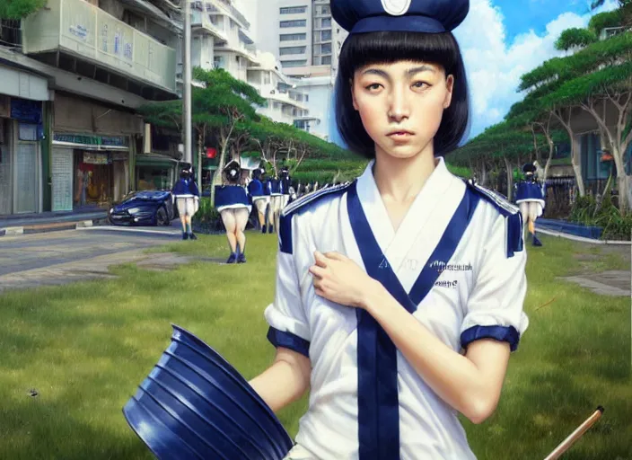 Prompt: portrait of an Italian Japanese Hapa young woman school with short hair wearing a navy and white sepuku uniform and jumping outside a green trashbin in Kalakaua avenue in Waikiki, intricate, elegant, highly detailed, centered, digital painting, artstation, concept art, smooth, sharp focus, illustration, by Peter Mohrbacher, WLOP