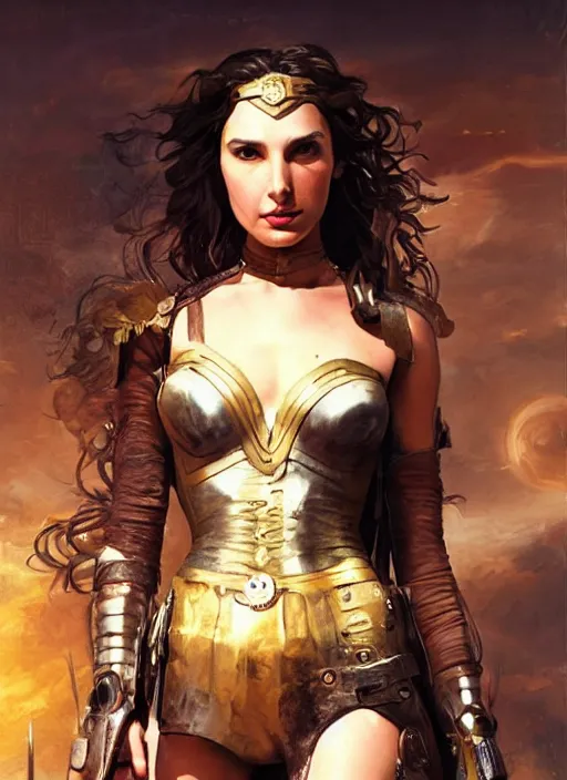 Prompt: highly detailed steampunk gal gadot standing, blond, steel age : leonardo da vinci, greg rutkowski, magali villeneuve