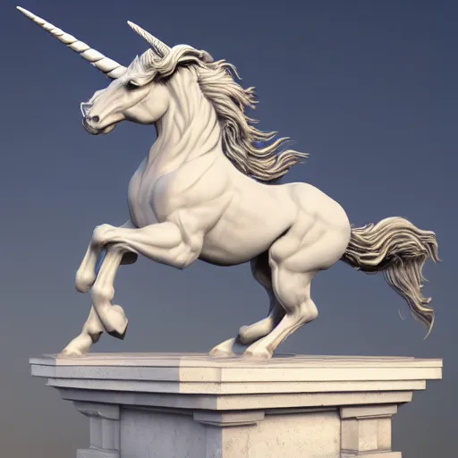 Image similar to galloping muscular winged unicorn, marble statue,bernini masterpiece, photorealistic, high resolution, award winning, trending on artstation, moon, highly detailed, night, volumetric lighting