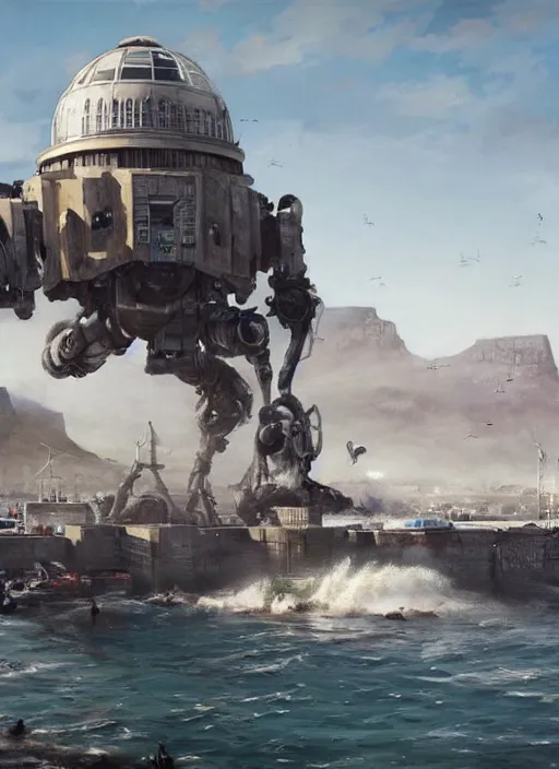 Image similar to hyper realistic robot attacking cape town city harbor beautiful details, strong composition painted by kim jung guweta studio rutkowski, james gurney and greg rutkowski, and lucasfilm