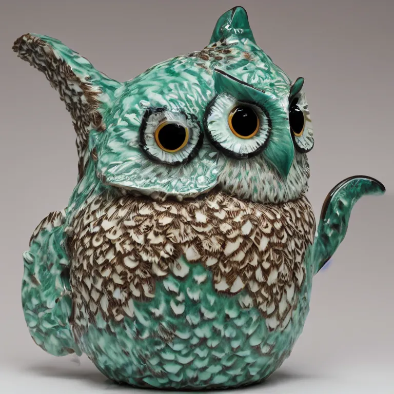 Prompt: Studio Photograph of Beautiful Handmade Porcelain Teapot in the shape of a Great Horned Owl Covered with sgraffito feathers, Glossy celadon glaze Bright Intense Colors shocking detail hyperrealistic trending on artstation