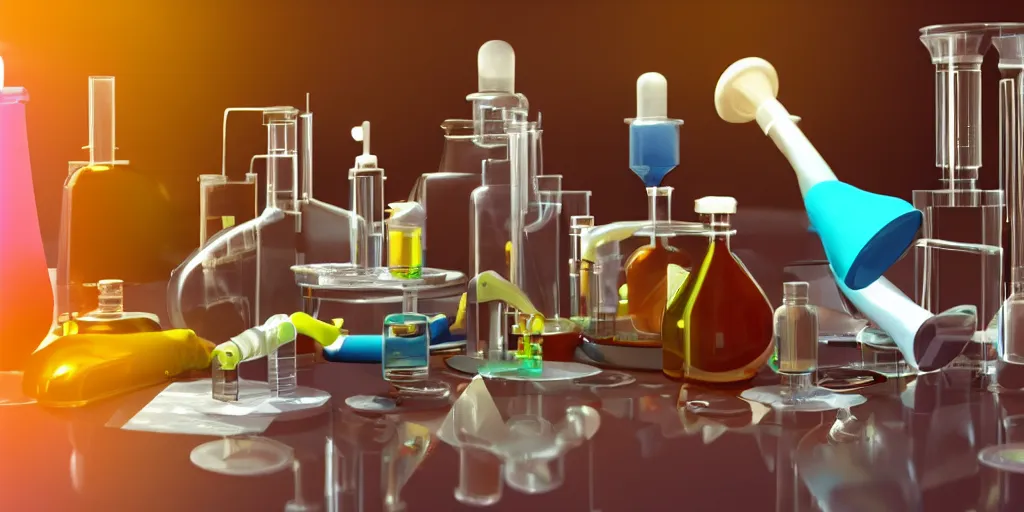 Image similar to instruments being used to mix chemicals, scientist, blender, 3d, apartment