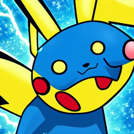 Image similar to pikachu with deep blue skin shooting bright electric lightning out of his ears in the style of pokemon anime def 8 k