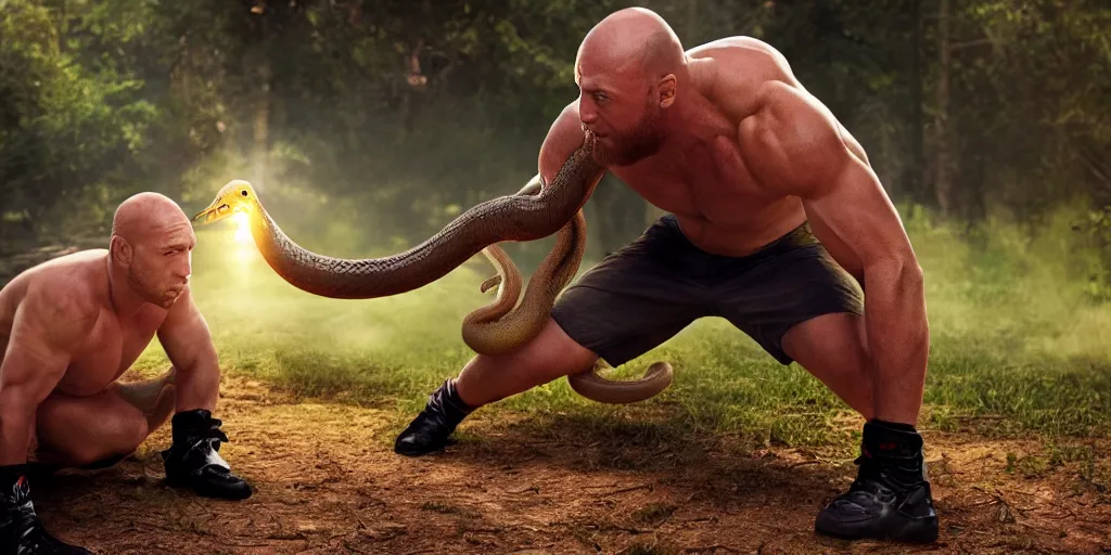 Prompt: The Ryback fighting a snake outdoors, hyperrealistic, photorealistic, ultra hd, cinematic lighting, award-winning, 4k, beautiful color, high quality, high textured, lens flare