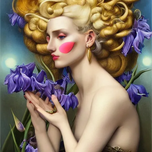 Image similar to dynamic composition, blonde woman with hair of irises and spring flowers wearing ornate earrings, ornate gilded details, a surrealist painting by tom bagshaw and jacek yerga and tamara de lempicka and jesse king, wiccan, pre - raphaelite, featured on cgsociety, pop surrealism, surrealist, dramatic lighting