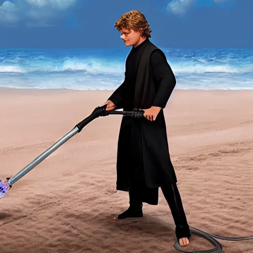 Image similar to anakin skywalker vacuuming the beach for sand, 4k, photorealistic,