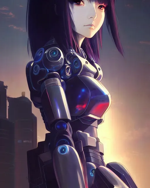 Image similar to portrait Anime Girl in mecha armor in night tokyo Sharp fine face pretty face, realistic shaded Perfect face, fine details. Anime. cyberpunk realistic shaded lighting by katsuhiro otomo ghost-in-the-shell, magali villeneuve, artgerm, rutkowski Jeremy Lipkin and Giuseppe Dangelico Pino and Michael Garmash and Rob Rey